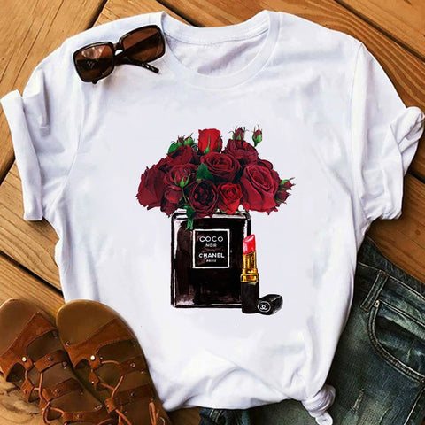 Image of Vogue Blink Women T Shirt Make Up Lipstick Seaside T Summer Lady Streetwear Luxury Bag T-shirts