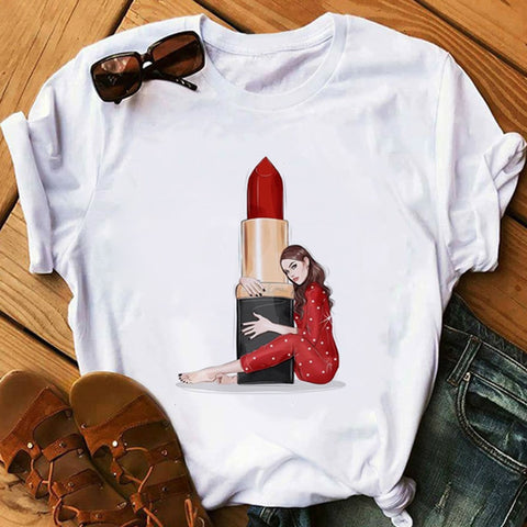 Image of Vogue Blink Women T Shirt Make Up Lipstick Seaside T Summer  Lady Streetwear Luxury Bag T-shirts